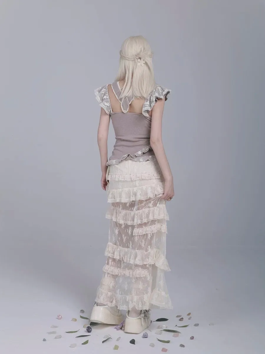 Rose Island AW24 Elf Guardian - Elf in mist lace midi skirt with inner shorts