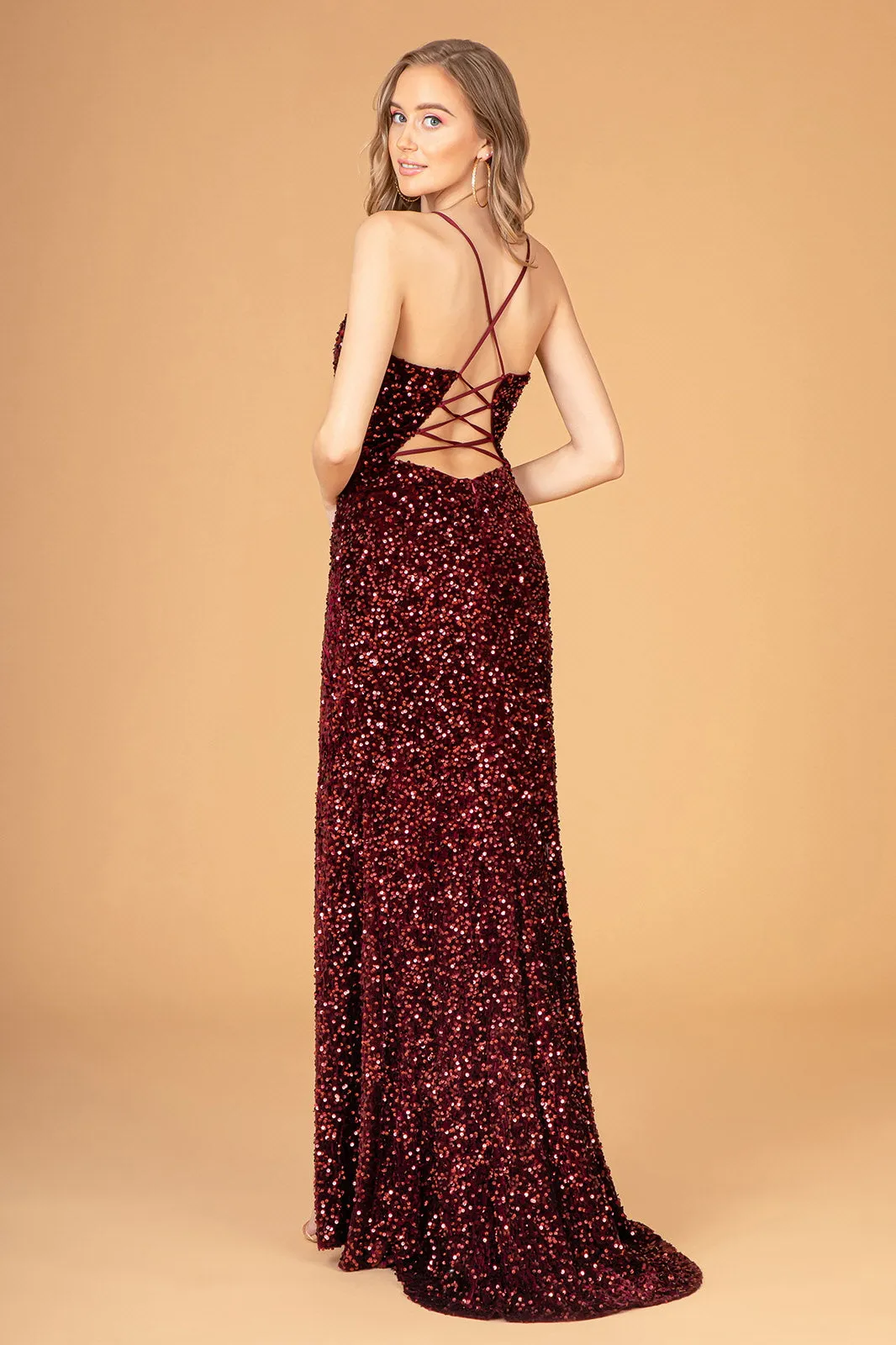 Ruched Bodice Velvet Bodycon Long Dress Leg Slit GLGL3081