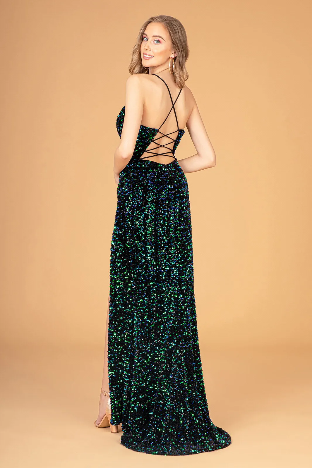 Ruched Bodice Velvet Bodycon Long Dress Leg Slit GLGL3081