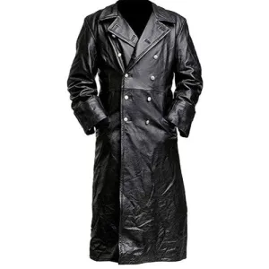 RW Authentic Sheepskin German Officer Black Genuine Real Leather Long Trench Coat