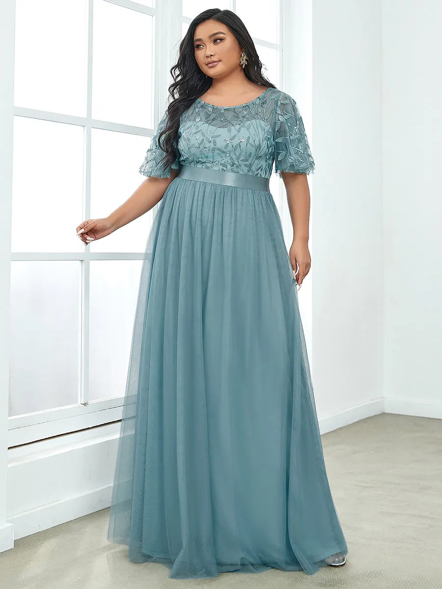 Sequin Print Plus Size Wholesale Evening Dresses with Cap Sleeve