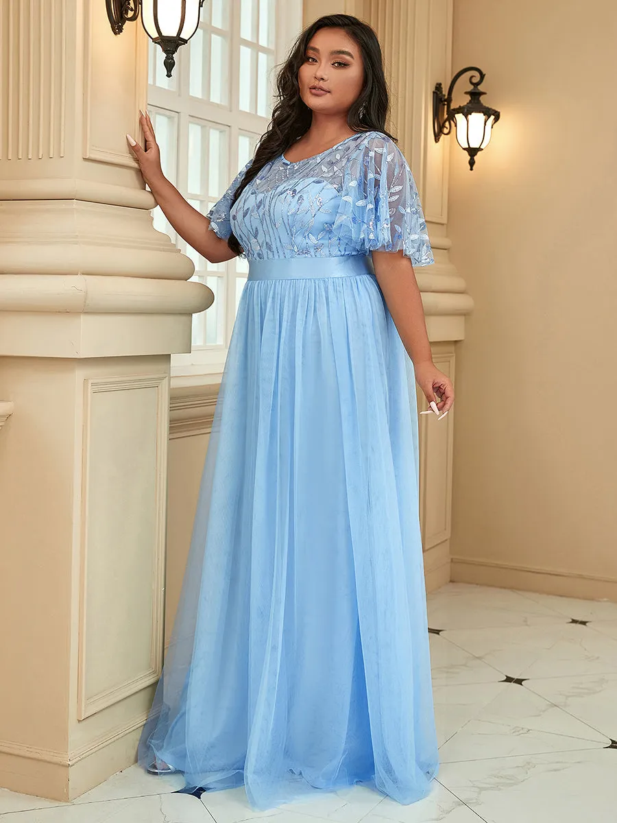 Sequin Print Plus Size Wholesale Evening Dresses with Cap Sleeve