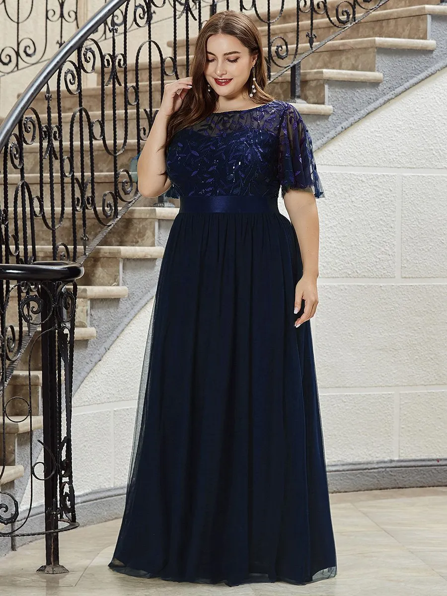 Sequin Print Plus Size Wholesale Evening Dresses with Cap Sleeve