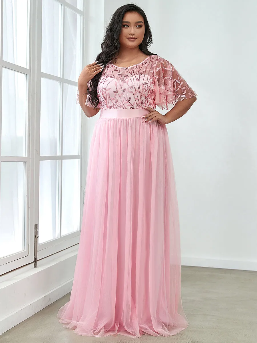 Sequin Print Plus Size Wholesale Evening Dresses with Cap Sleeve