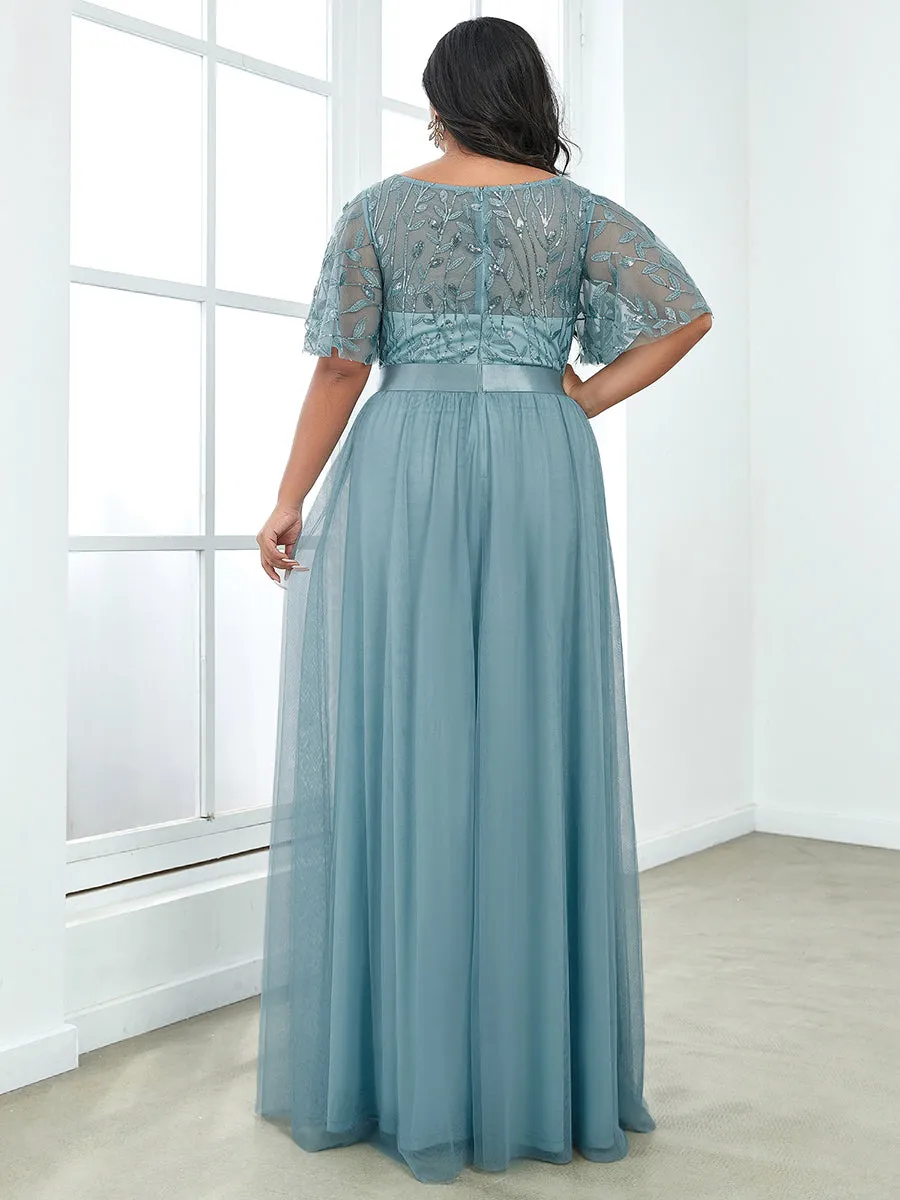 Sequin Print Plus Size Wholesale Evening Dresses with Cap Sleeve
