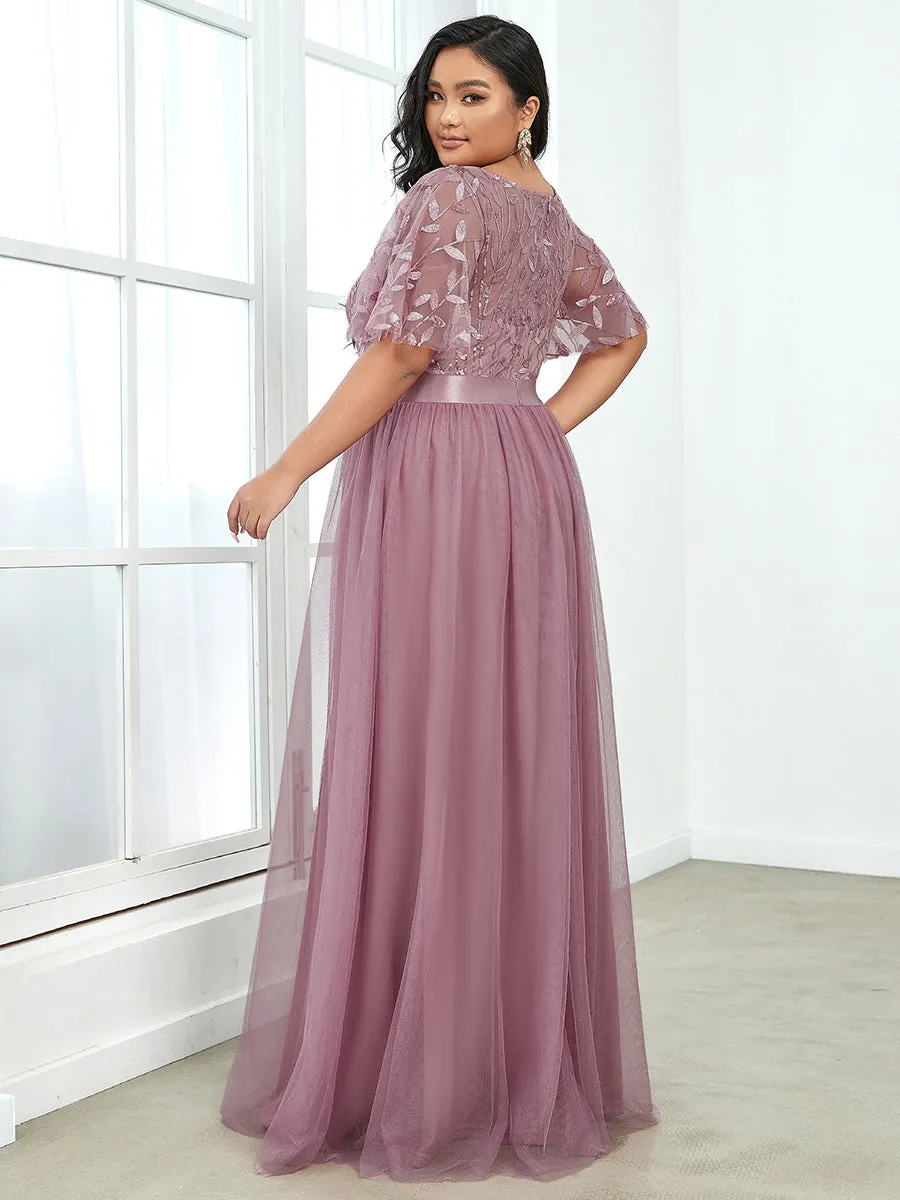 Sequin Print Plus Size Wholesale Evening Dresses with Cap Sleeve