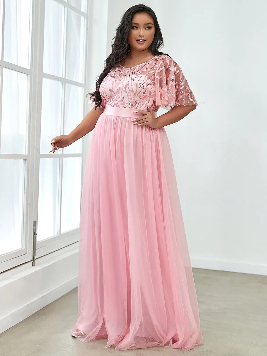 Sequin Print Plus Size Wholesale Evening Dresses with Cap Sleeve