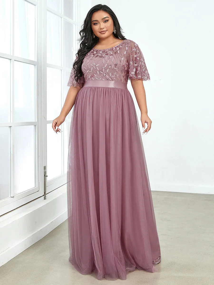 Sequin Print Plus Size Wholesale Evening Dresses with Cap Sleeve