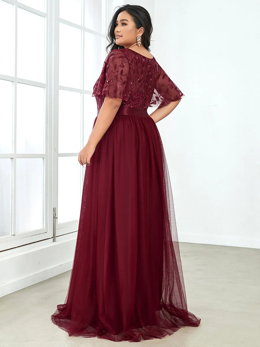 Sequin Print Plus Size Wholesale Evening Dresses with Cap Sleeve