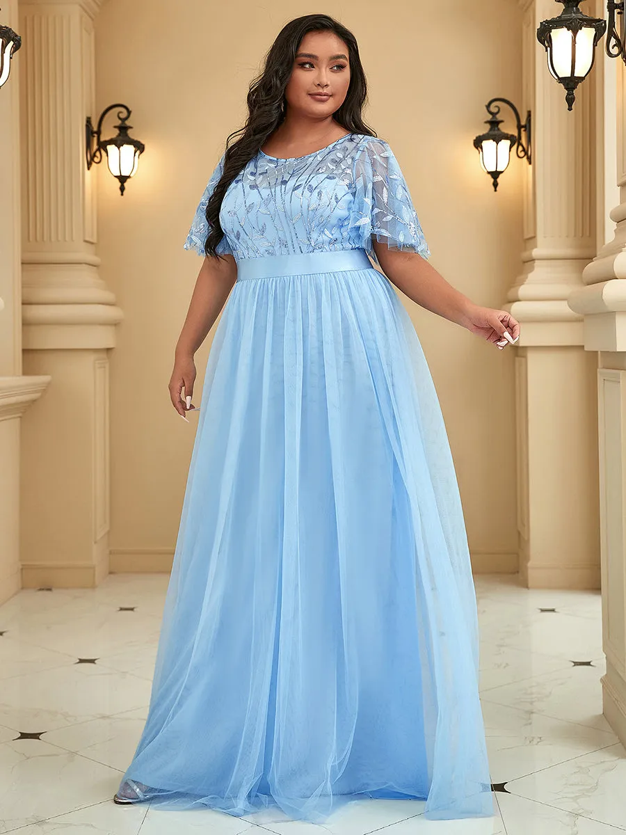 Sequin Print Plus Size Wholesale Evening Dresses with Cap Sleeve