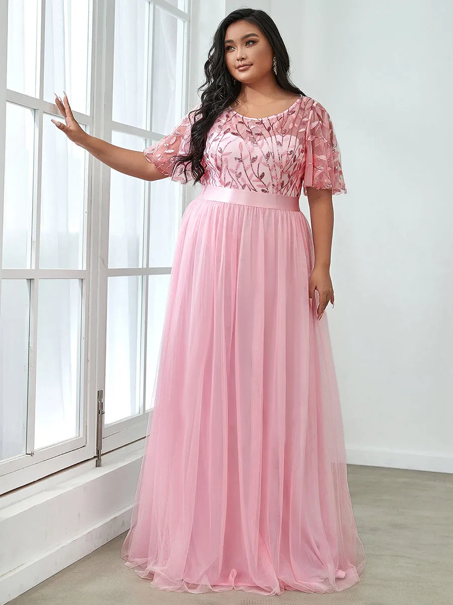 Sequin Print Plus Size Wholesale Evening Dresses with Cap Sleeve