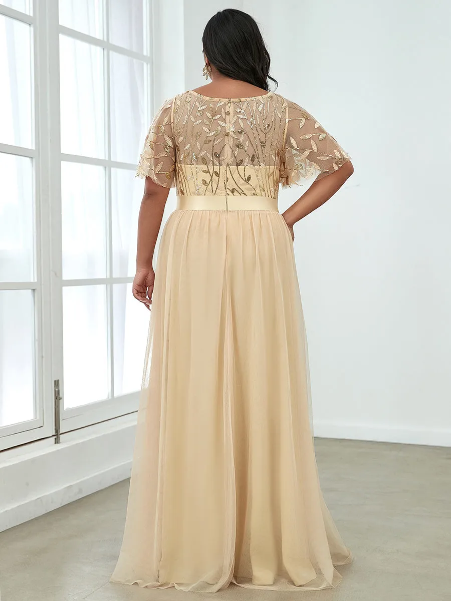 Sequin Print Plus Size Wholesale Evening Dresses with Cap Sleeve