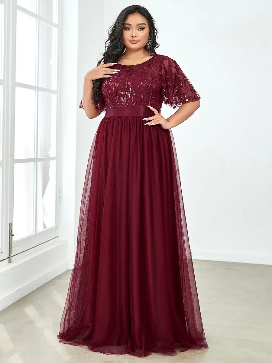 Sequin Print Plus Size Wholesale Evening Dresses with Cap Sleeve