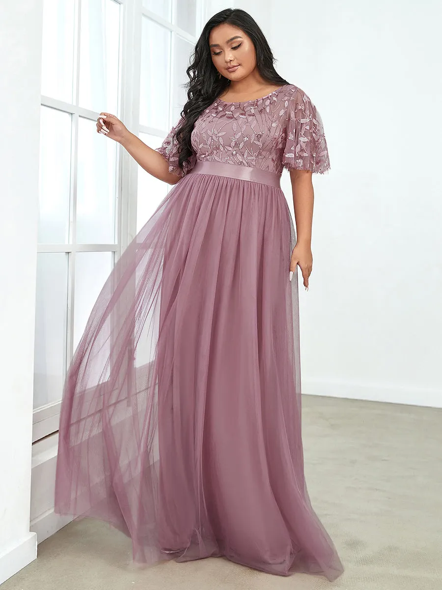 Sequin Print Plus Size Wholesale Evening Dresses with Cap Sleeve
