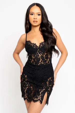 Sheer Me Up Lace Black Bodycon Mini Slit Dress