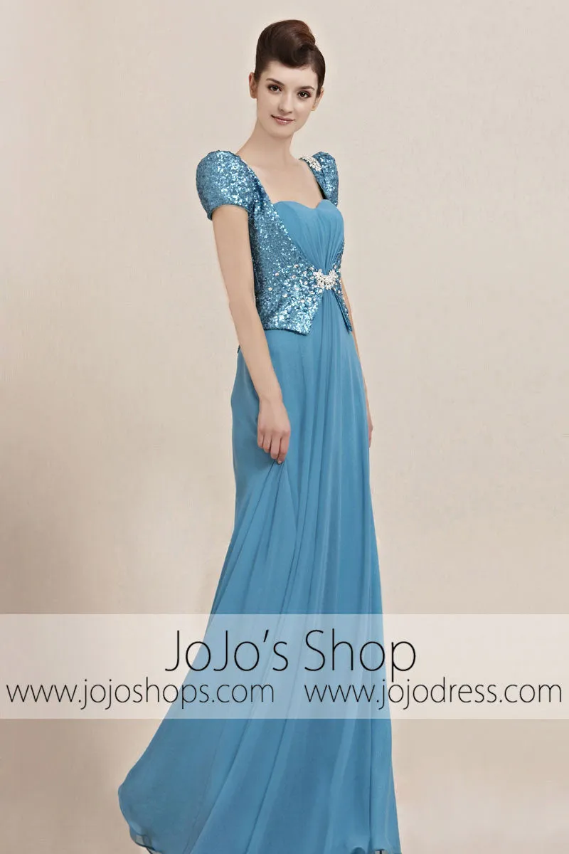 Shimmery Blue Cap Short Sleeves Low Back Pageant Evening Cocktail Dress CX830011