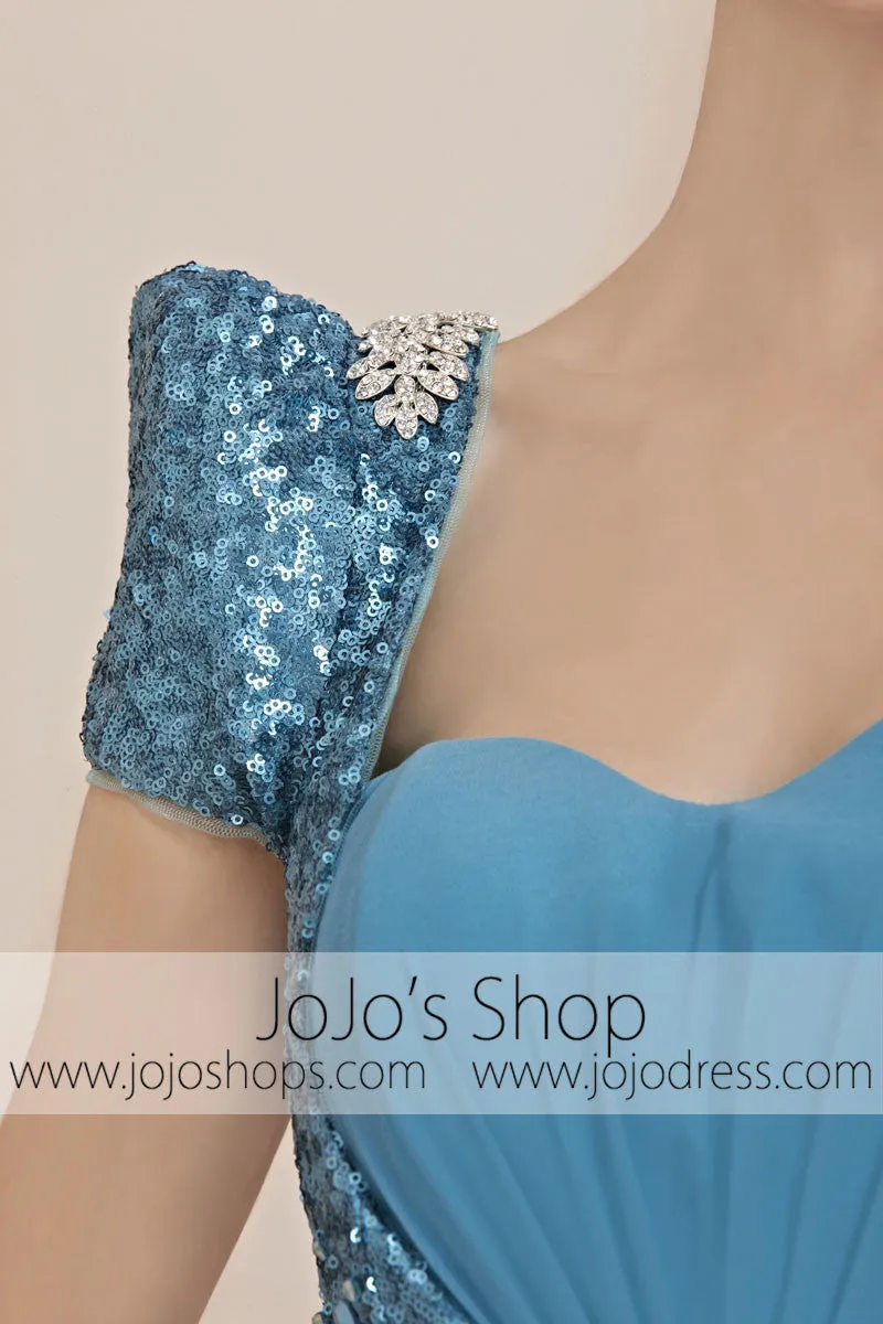 Shimmery Blue Cap Short Sleeves Low Back Pageant Evening Cocktail Dress CX830011