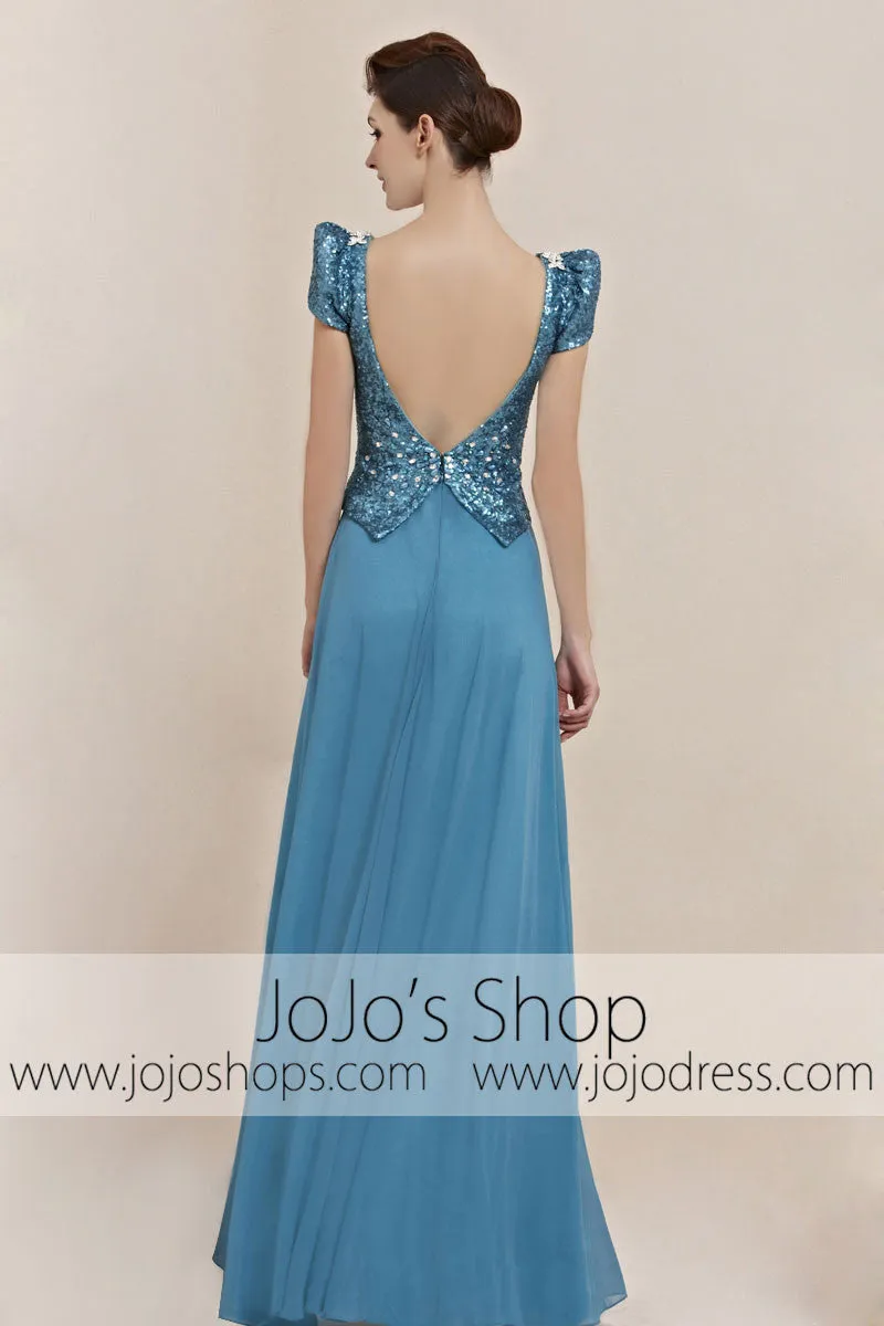 Shimmery Blue Cap Short Sleeves Low Back Pageant Evening Cocktail Dress CX830011