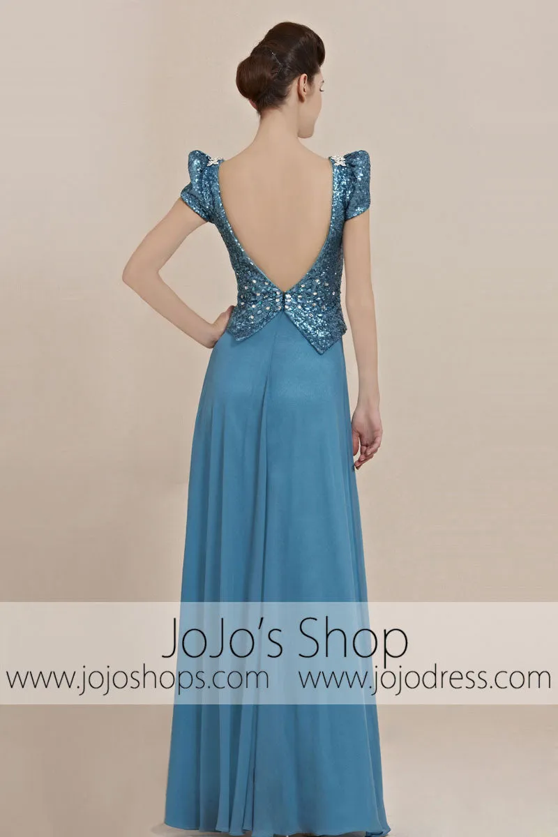 Shimmery Blue Cap Short Sleeves Low Back Pageant Evening Cocktail Dress CX830011