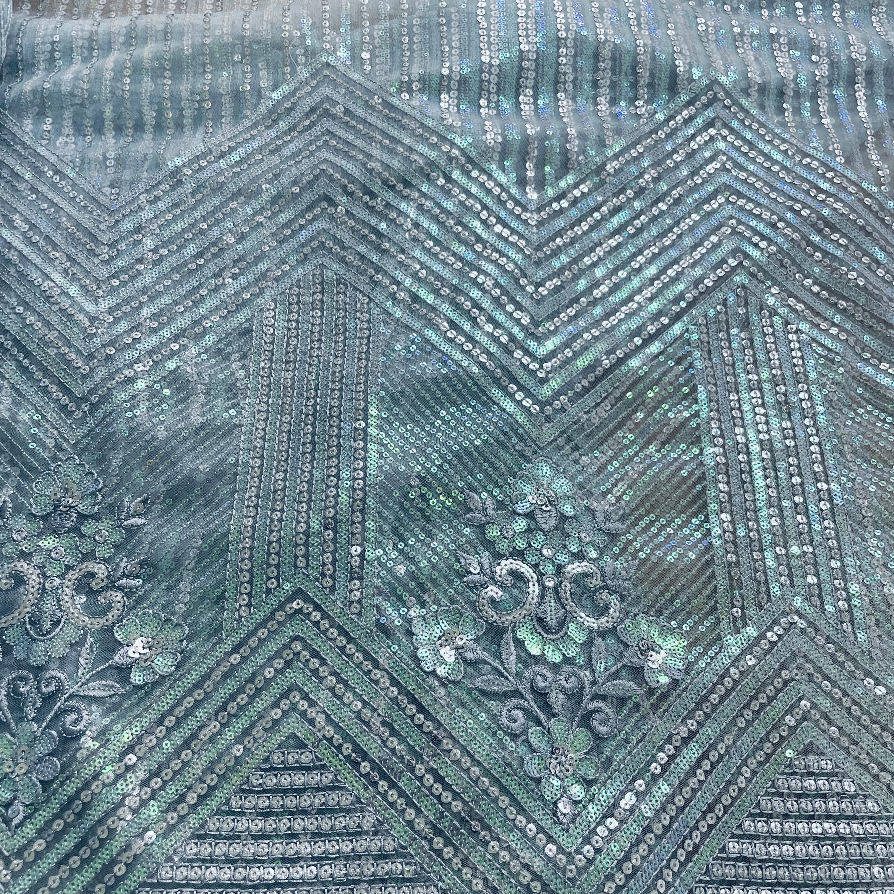 Sky Blue Sequins & Embrodiery Net Fabric