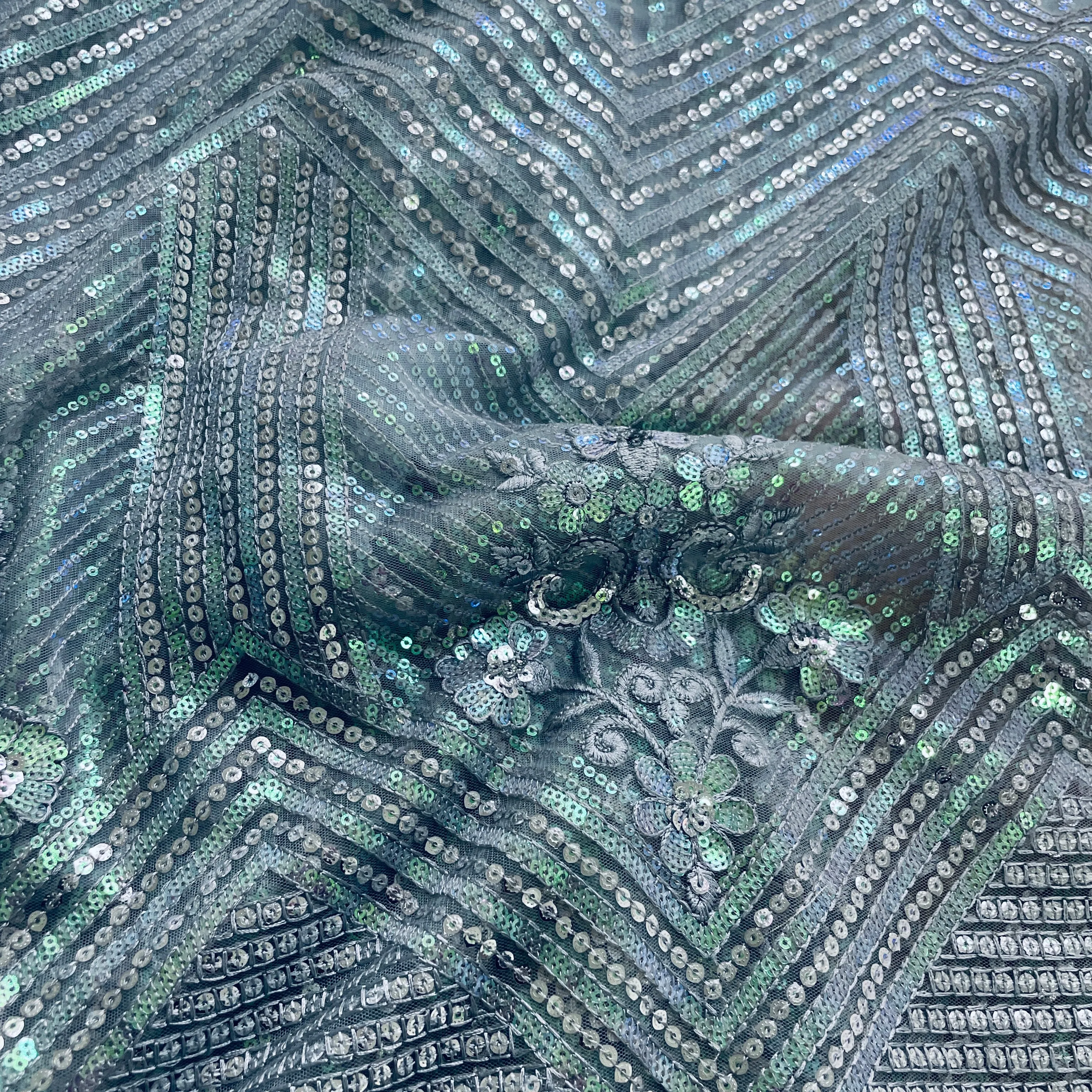 Sky Blue Sequins & Embrodiery Net Fabric