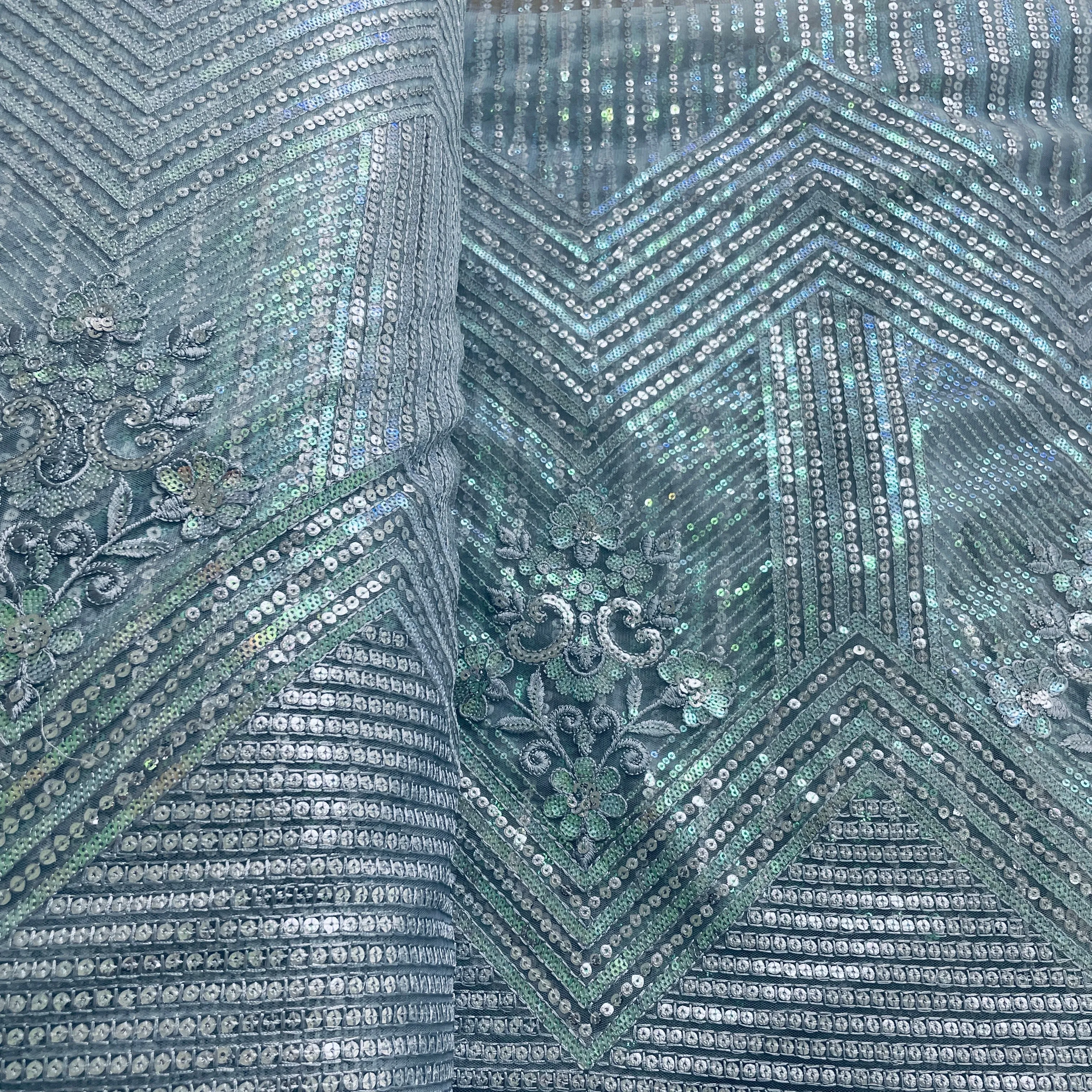 Sky Blue Sequins & Embrodiery Net Fabric