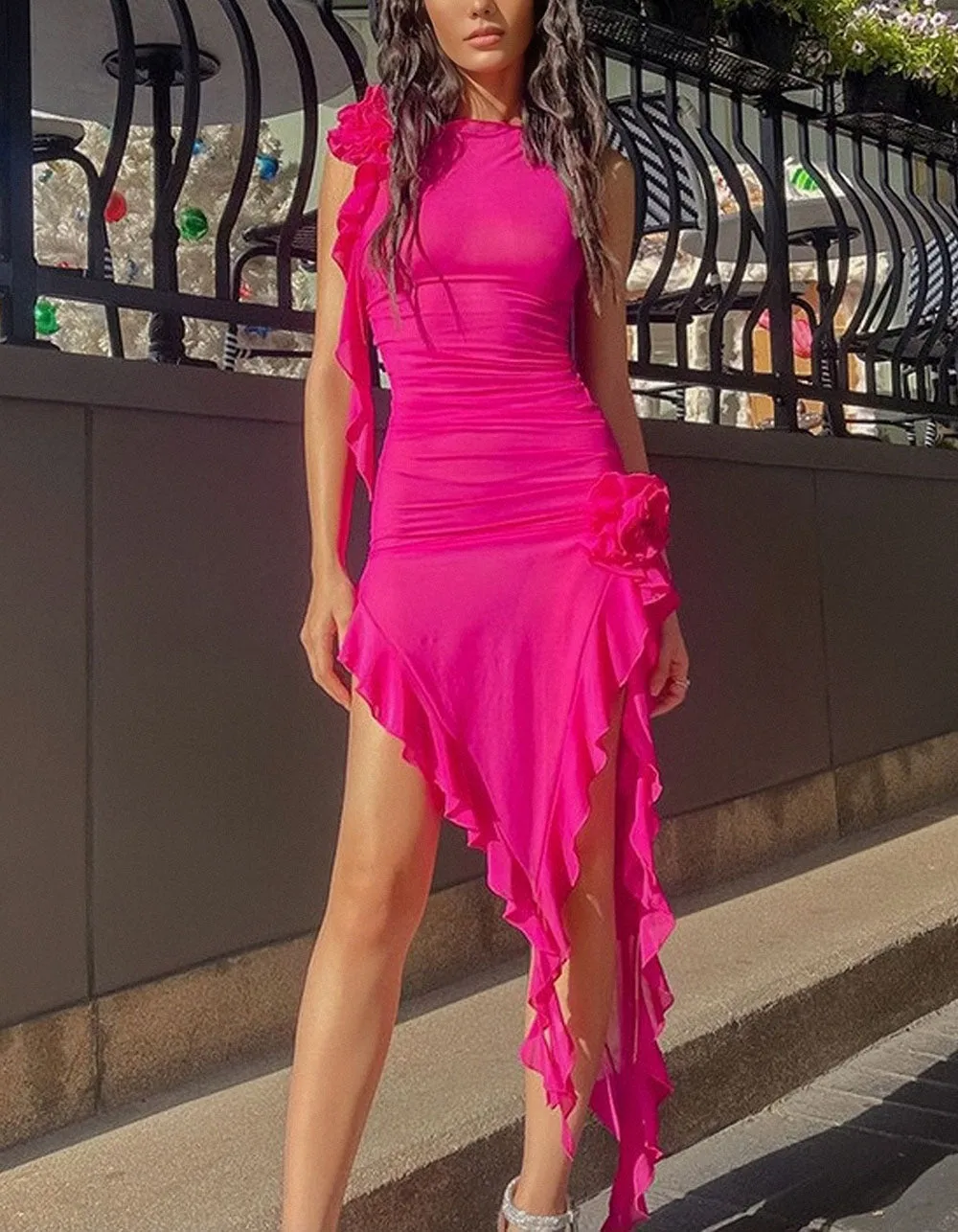 Solid-color Round Neck Sleeveless Slim Asymmetrical See-Through Backless Short A-Line Dresses