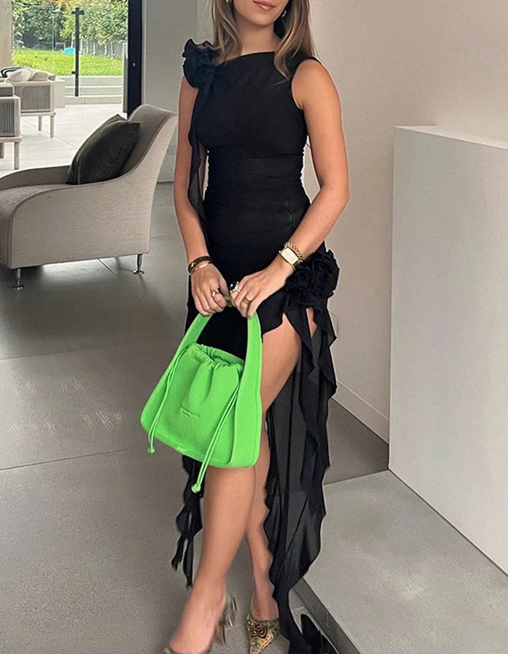 Solid-color Round Neck Sleeveless Slim Asymmetrical See-Through Backless Short A-Line Dresses