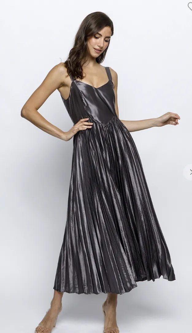 Solid Sheen Accordion Pleat Midi Dress