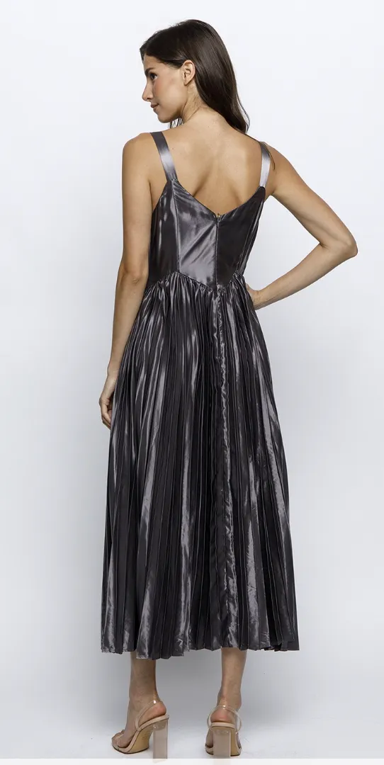 Solid Sheen Accordion Pleat Midi Dress
