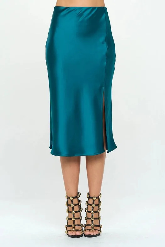 Solid Stretch Satin Midi Skirt  HUNTER GREEN