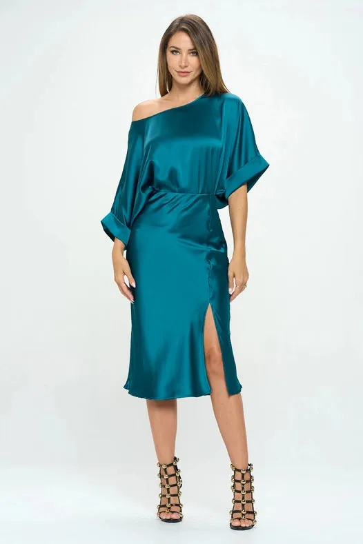 Solid Stretch Satin Midi Skirt  HUNTER GREEN