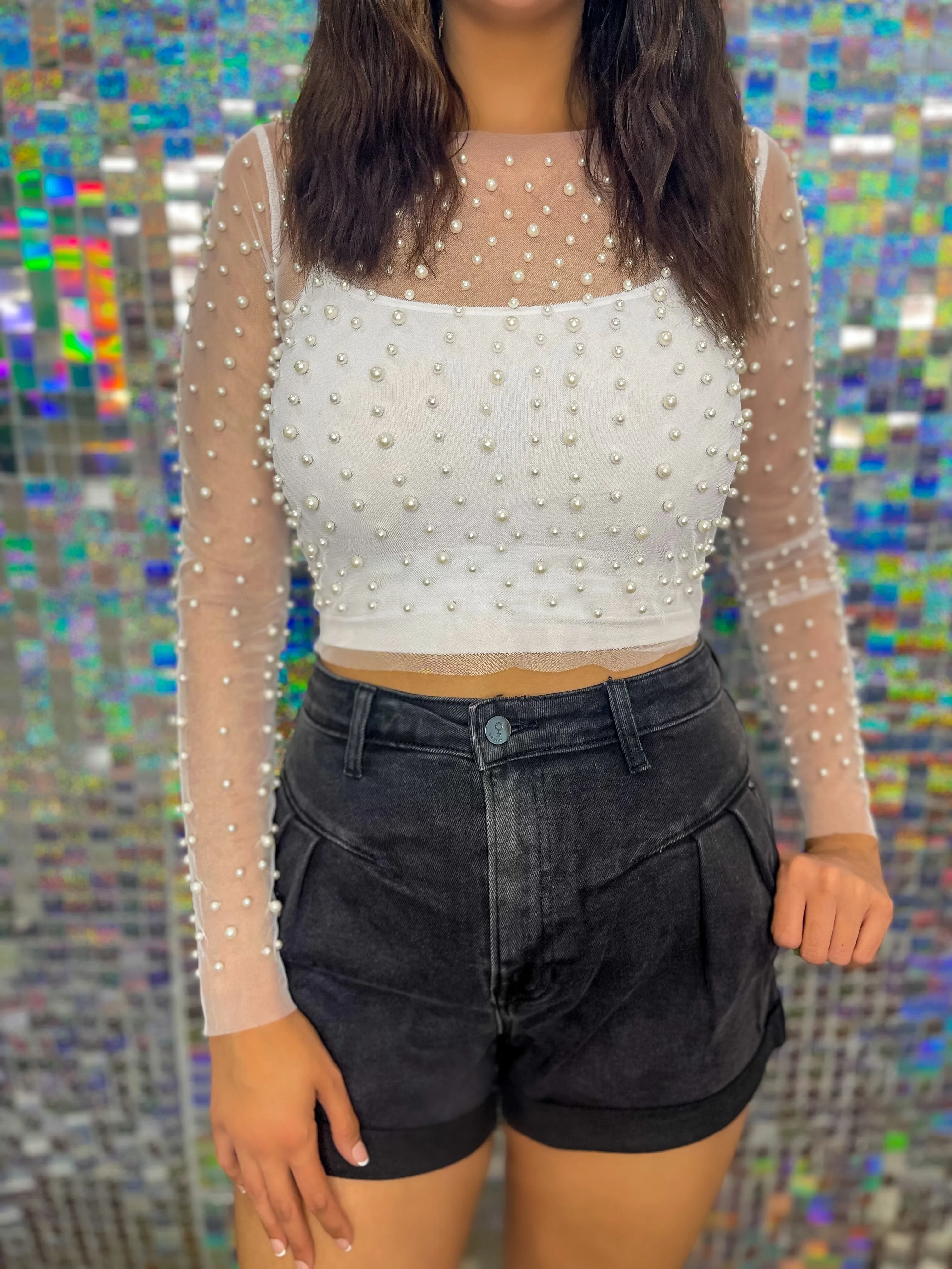 Something Extra Mesh Pearl and Rhinestone Embellished Top - White