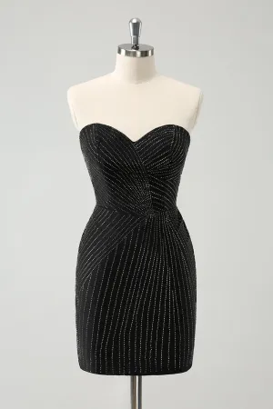 Sparkly Black Tight Strapless Short Homecoming Dress with Beading