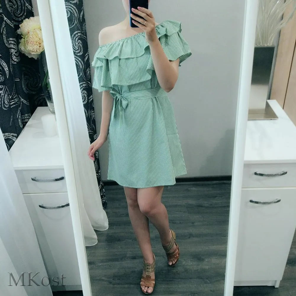 Summer Casual Sexy Ruffle Collar Off-the-shoulder A-Line Stripe Print Lace-up Sundress