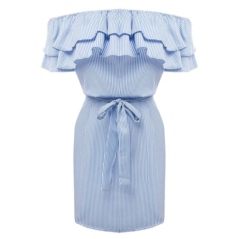 Summer Casual Sexy Ruffle Collar Off-the-shoulder A-Line Stripe Print Lace-up Sundress