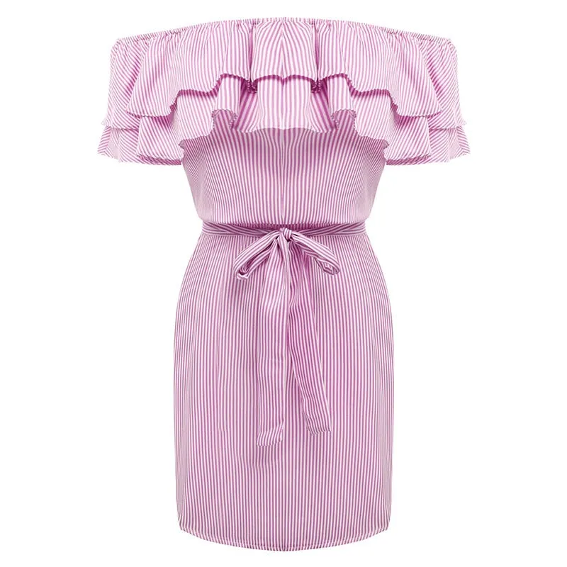 Summer Casual Sexy Ruffle Collar Off-the-shoulder A-Line Stripe Print Lace-up Sundress