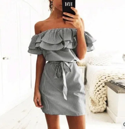 Summer Casual Sexy Ruffle Collar Off-the-shoulder A-Line Stripe Print Lace-up Sundress
