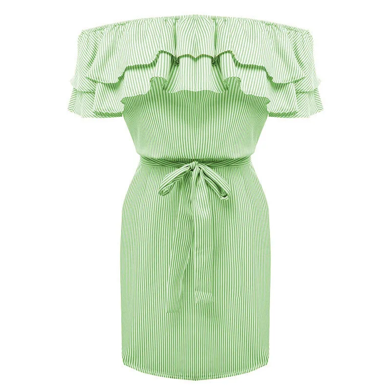 Summer Casual Sexy Ruffle Collar Off-the-shoulder A-Line Stripe Print Lace-up Sundress