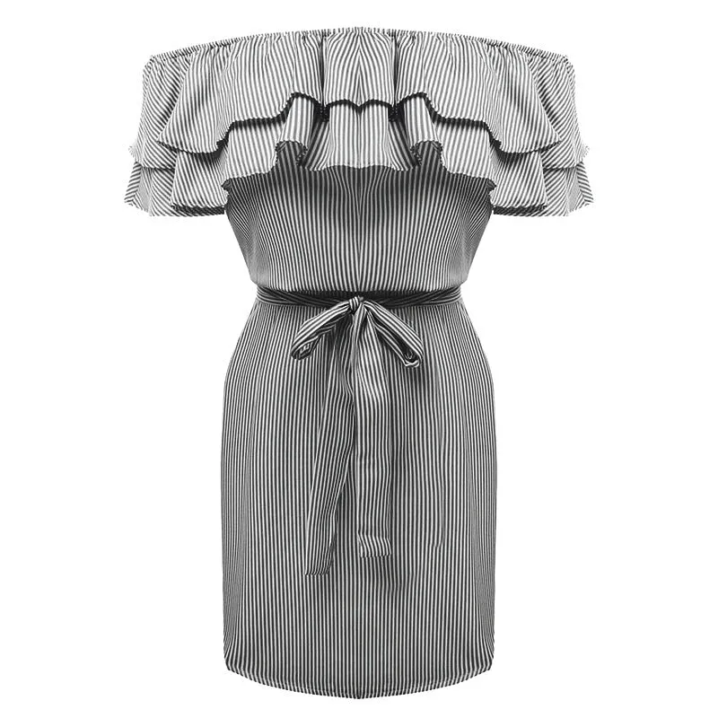 Summer Casual Sexy Ruffle Collar Off-the-shoulder A-Line Stripe Print Lace-up Sundress