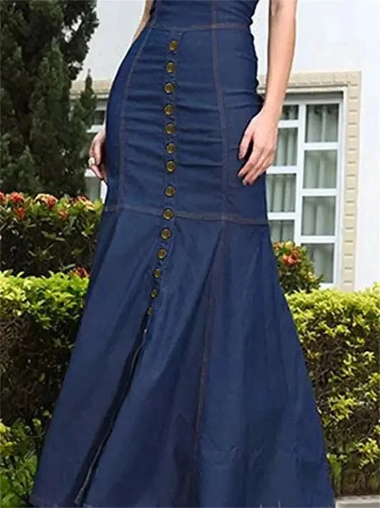 TAVIMART  -  Korean Fashion Denim Blue Bodycon Long Dresses Women Summer Short Sleeves Buttoned O-Neck Casual Commute Office Dress