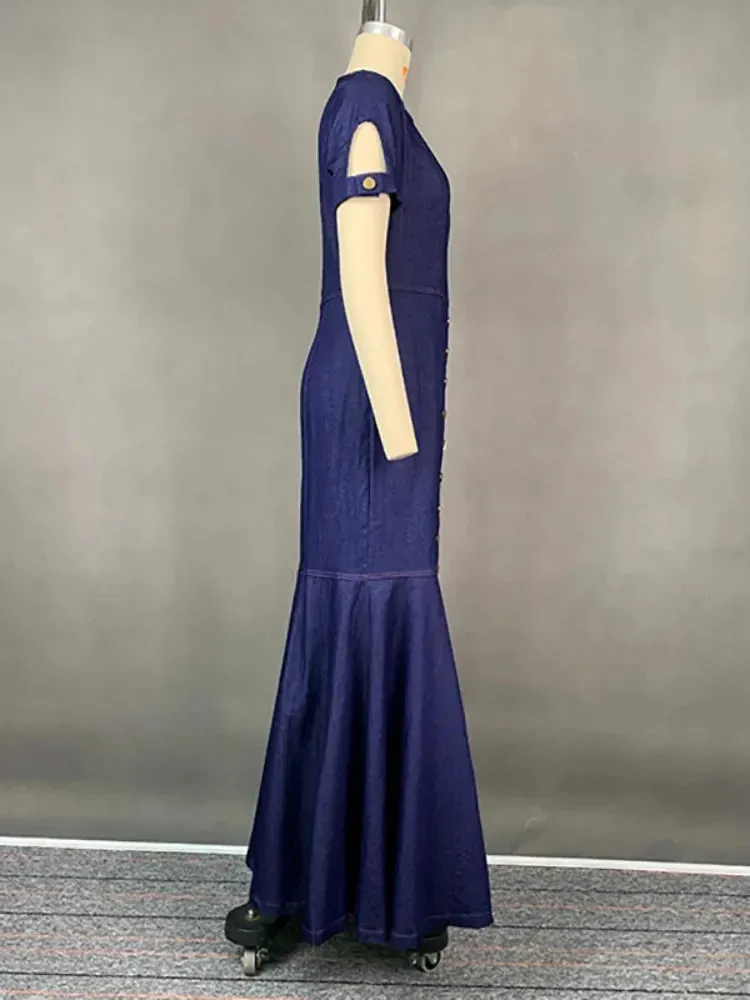 TAVIMART  -  Korean Fashion Denim Blue Bodycon Long Dresses Women Summer Short Sleeves Buttoned O-Neck Casual Commute Office Dress