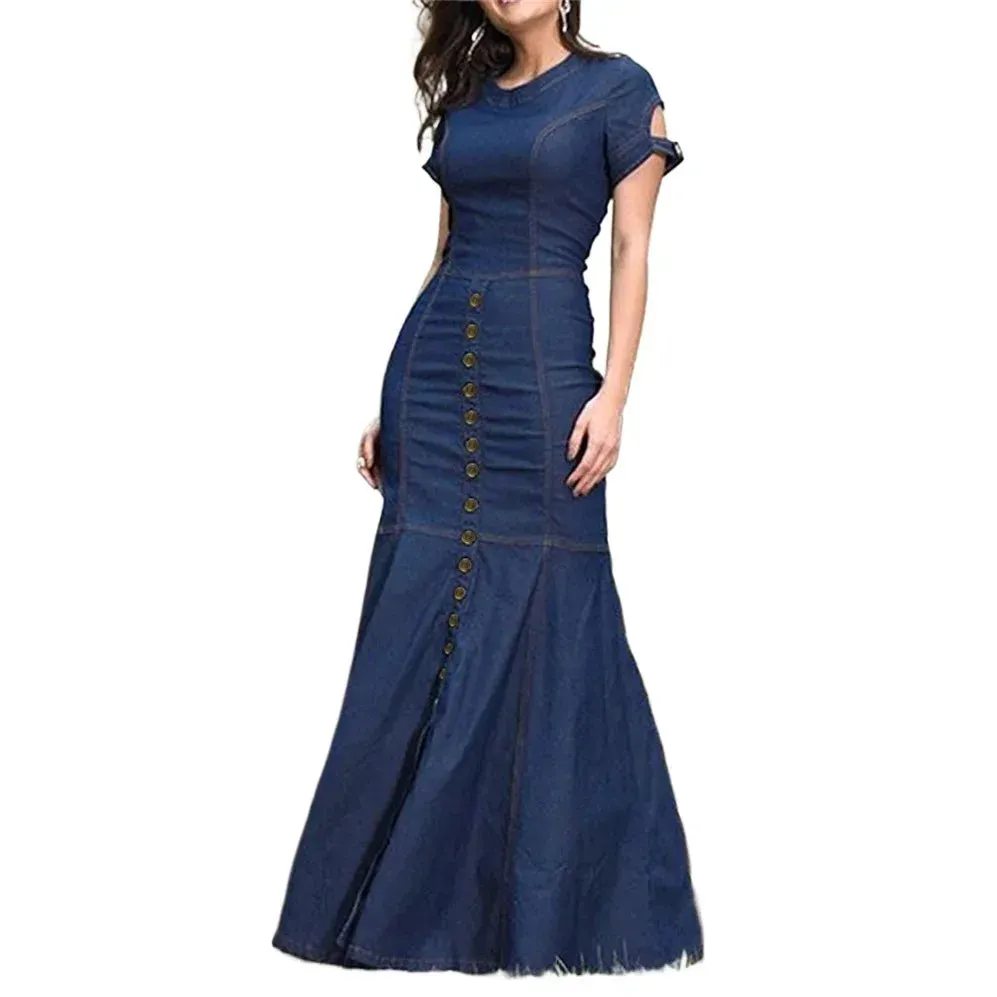 TAVIMART  -  Korean Fashion Denim Blue Bodycon Long Dresses Women Summer Short Sleeves Buttoned O-Neck Casual Commute Office Dress