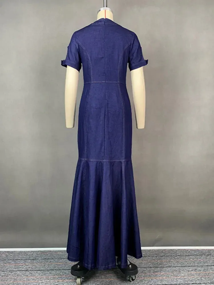 TAVIMART  -  Korean Fashion Denim Blue Bodycon Long Dresses Women Summer Short Sleeves Buttoned O-Neck Casual Commute Office Dress