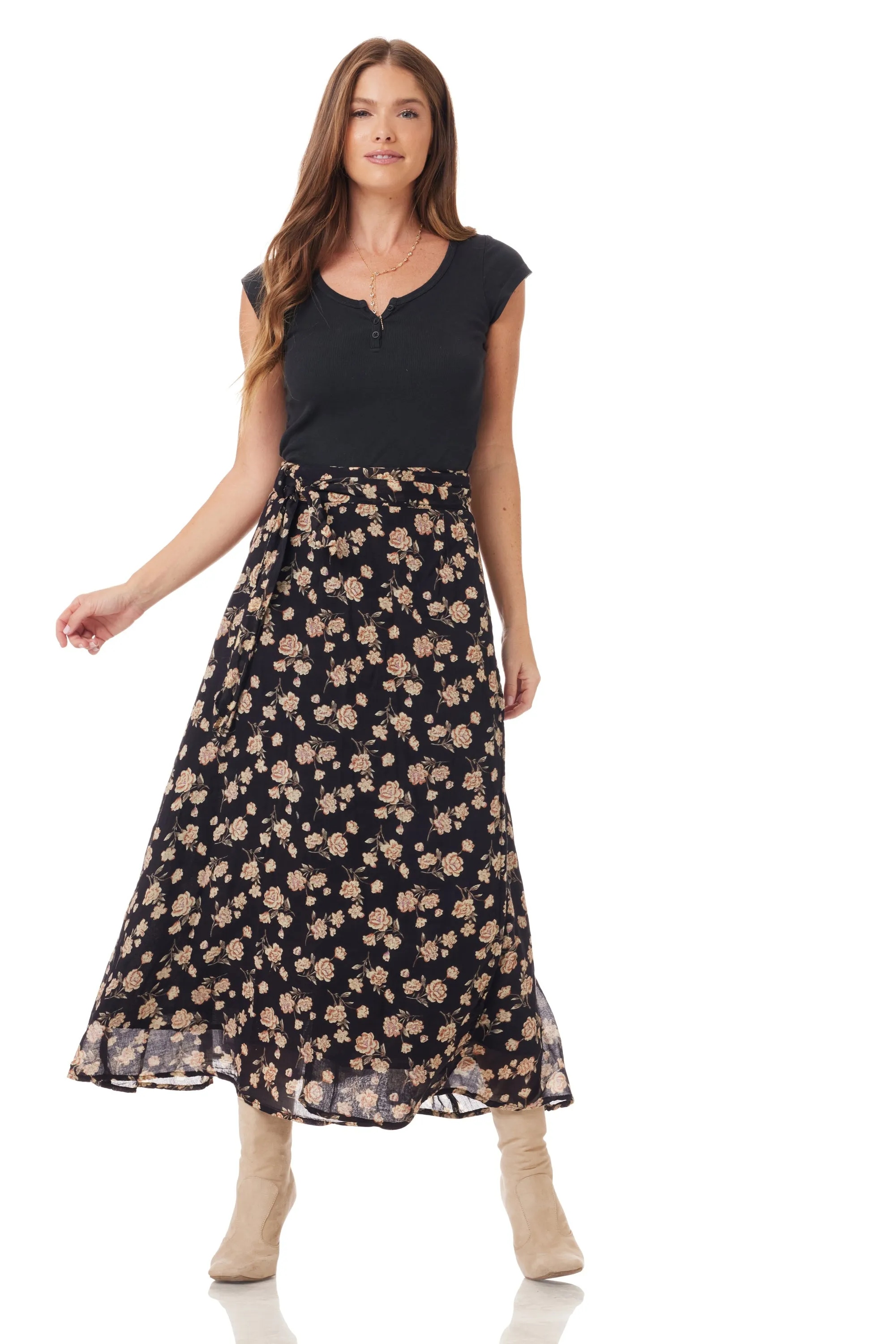 Vanessa Printed Maxi Wrap Skirt Black Rose