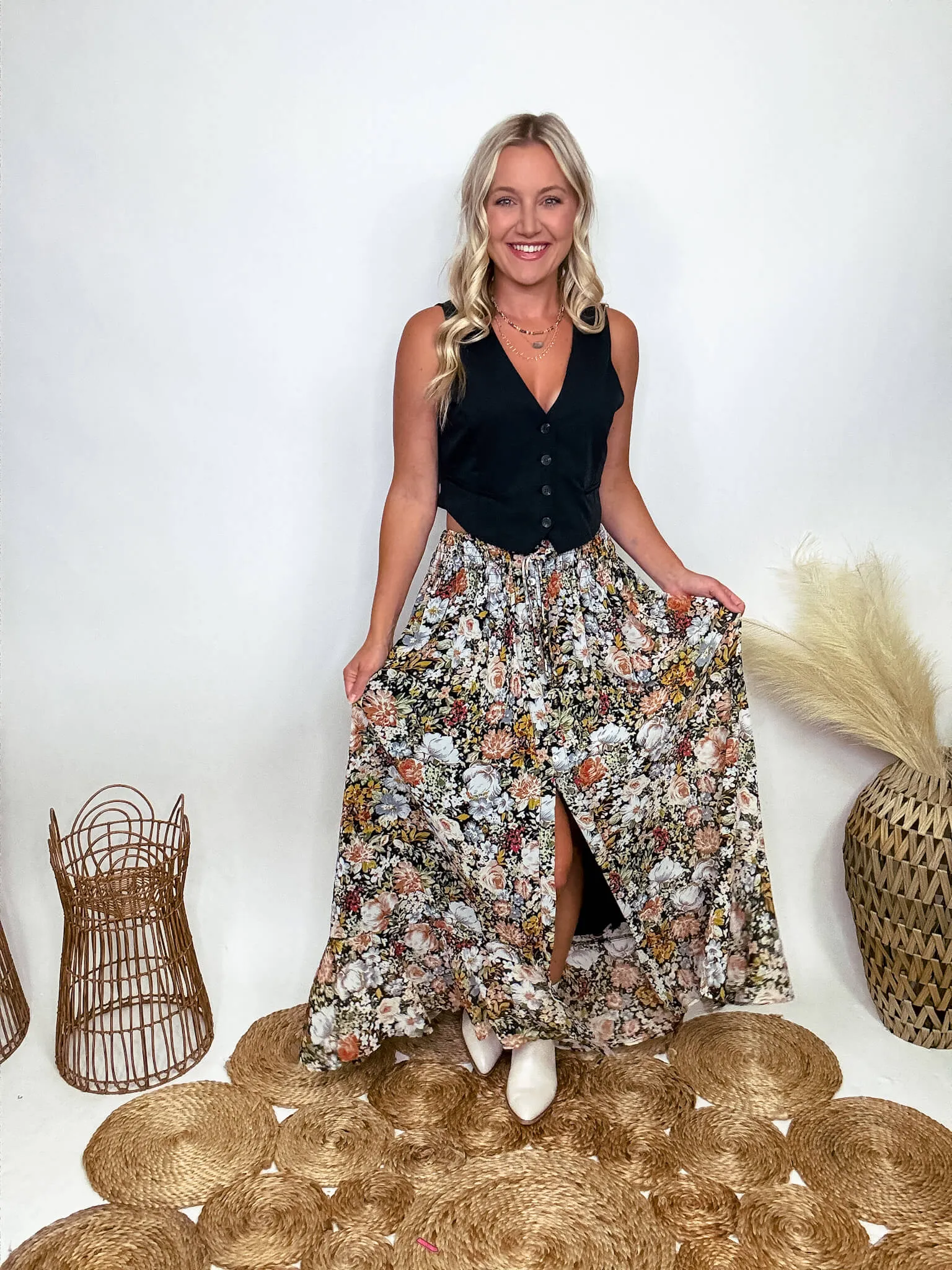 Vintage Floral Print Maxi Skirt with Front Slit
