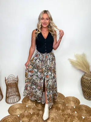 Vintage Floral Print Maxi Skirt with Front Slit
