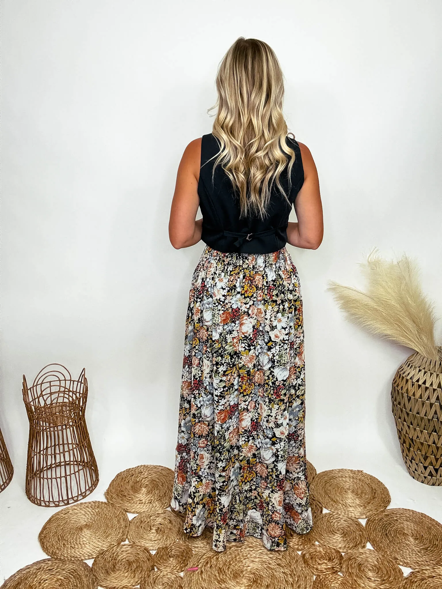 Vintage Floral Print Maxi Skirt with Front Slit
