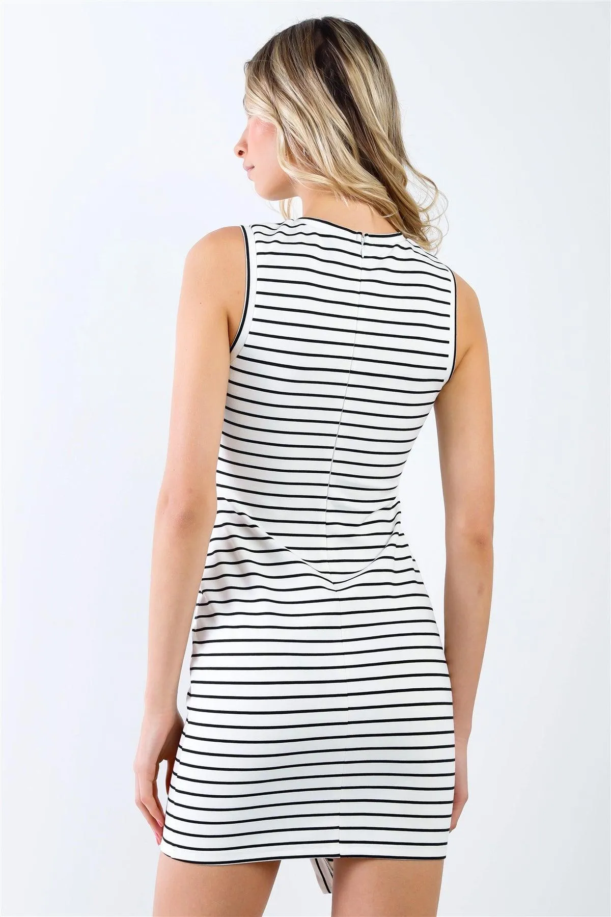 White & Black Striped Sleeveless Asymmetrical Hem Crew Neck Fitted Mini Dress /1-2-2-1