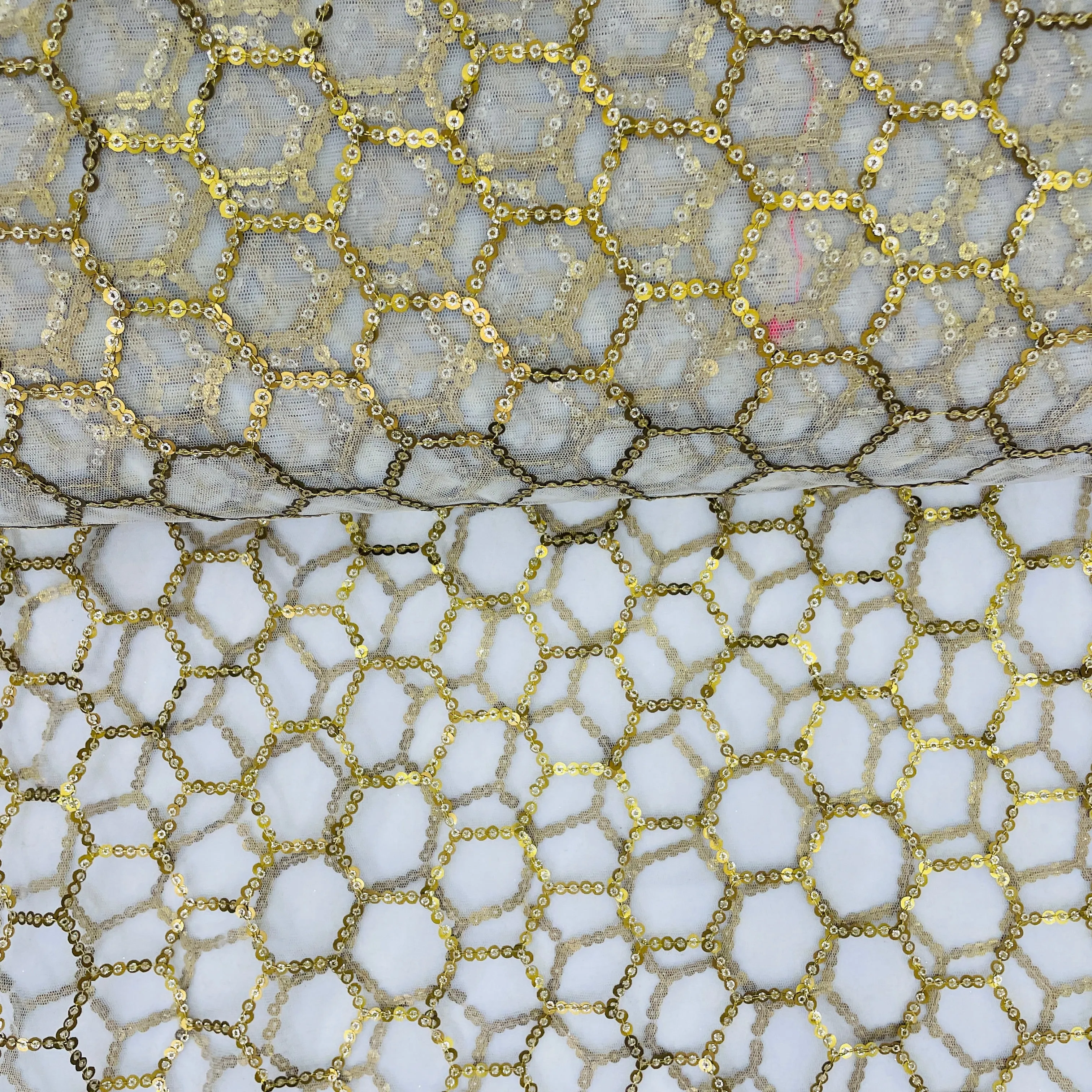 White Geometrical Gold Sequins Dyeable Net Fabric